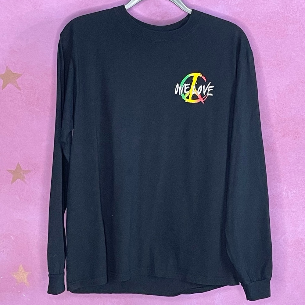 One Love Black Long Sleeve T Shirt Rasta Reggae Peace Sign Graphic Men’s Medium